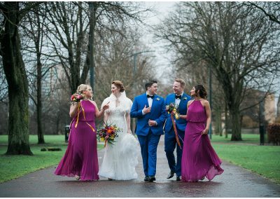 bridal party laughing-happy bride and groom-glasgow greeen wedding-colourful wedding party