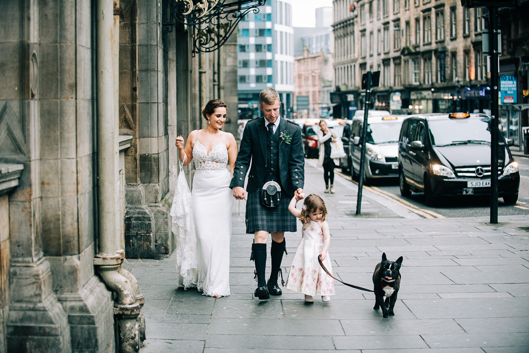 bride groom and dog at wedding, bride and groom in glasgow city, walking the dog at wedding